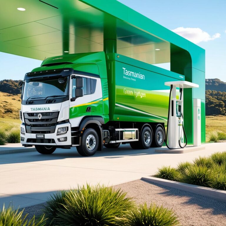 Modern heavy transport truck refueling with renewable green hydrogen at a station in Tasmania, showcasing the transition to diesel fuel substitute for sustainable transport.